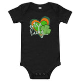 Extra Lucky, distressed design, baby short sleeve one piece.