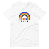 be the change, rainbow, unisex tshirt, white