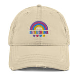 Be the change, rainbow, distressed dad hat, beige
