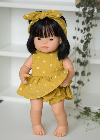 Yellow Star Pattern Doll Dress with Underpants and Headband (FR)