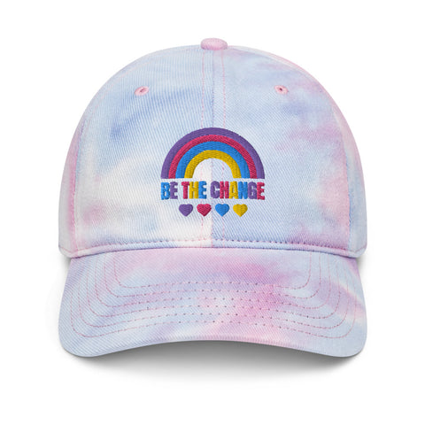 Be the change, rainbow, tie dye hat, pink and blue